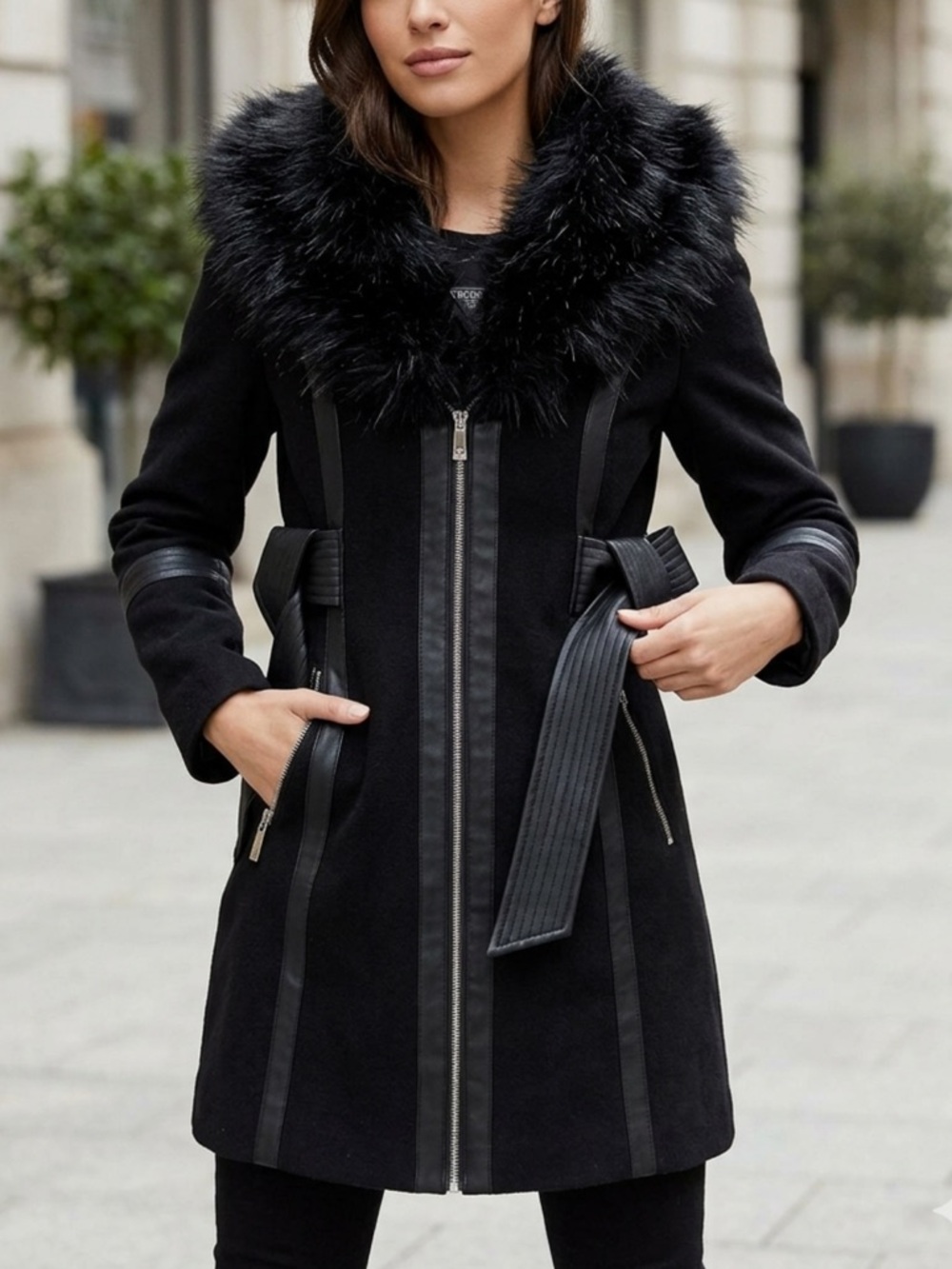 Black Faux-Fur Collar Belted Coat